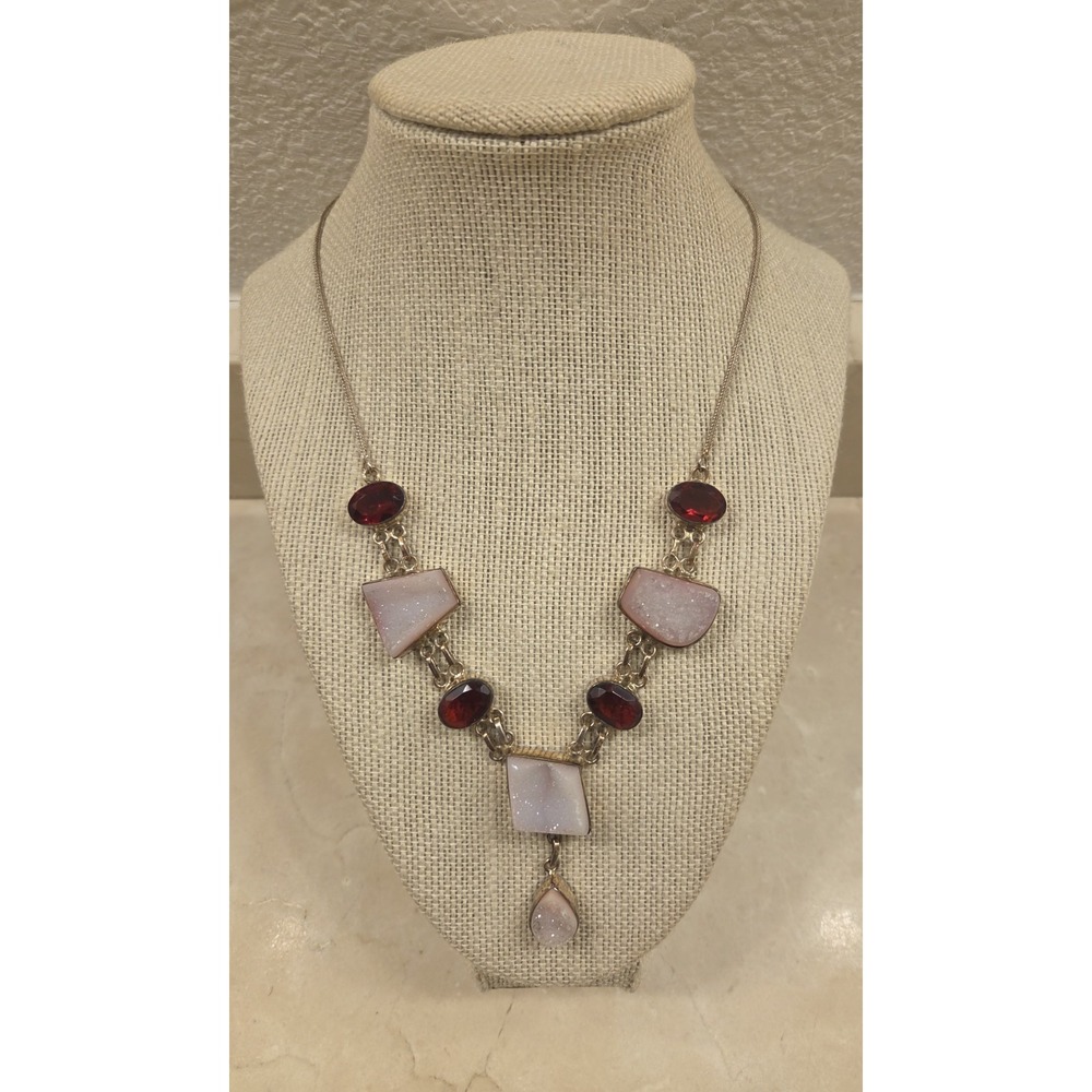 Sterling Silver, Pink Crystals, & Garnet Necklace Adjustable‎ 925 17.5"-18.5"